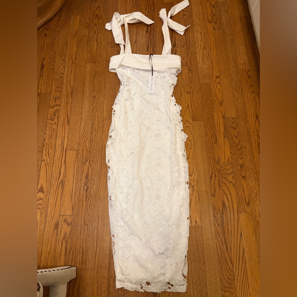 VICI x Madison LeCroy White Lace Tie-Strap Midi Dress – Size S (NWT)